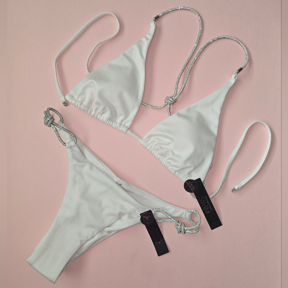 Victoria's Secret White Bikini with Silver Shine Ropes XXL S Top L Xs Itsy NWT